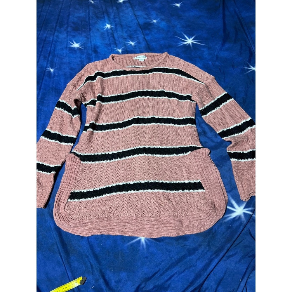 Caren Sport Womens 2X Pink Striped Knit Sweater Long Sleeve Side Slit Crew Neck